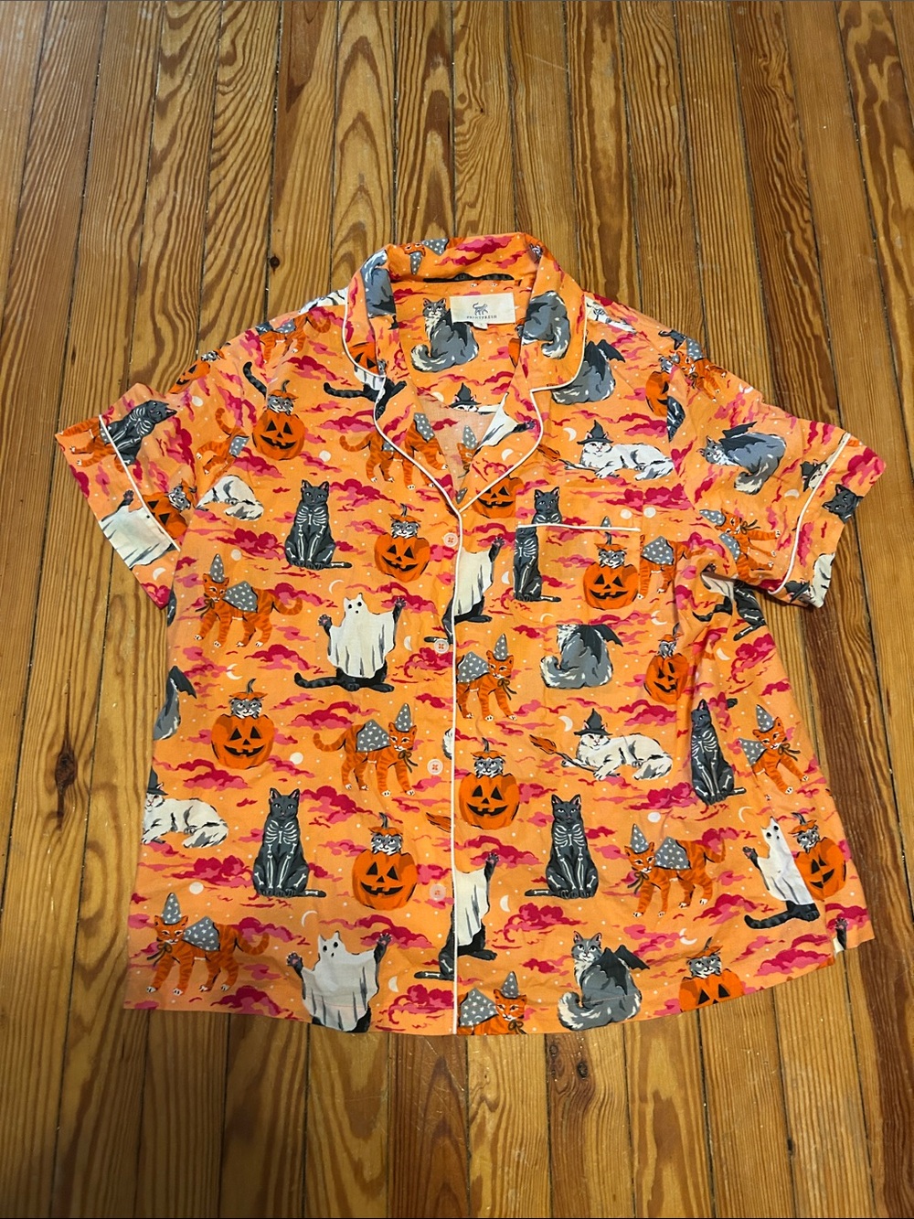 Printferesh Halloween Cat Print Orange Short-Sleeve pajama Top
